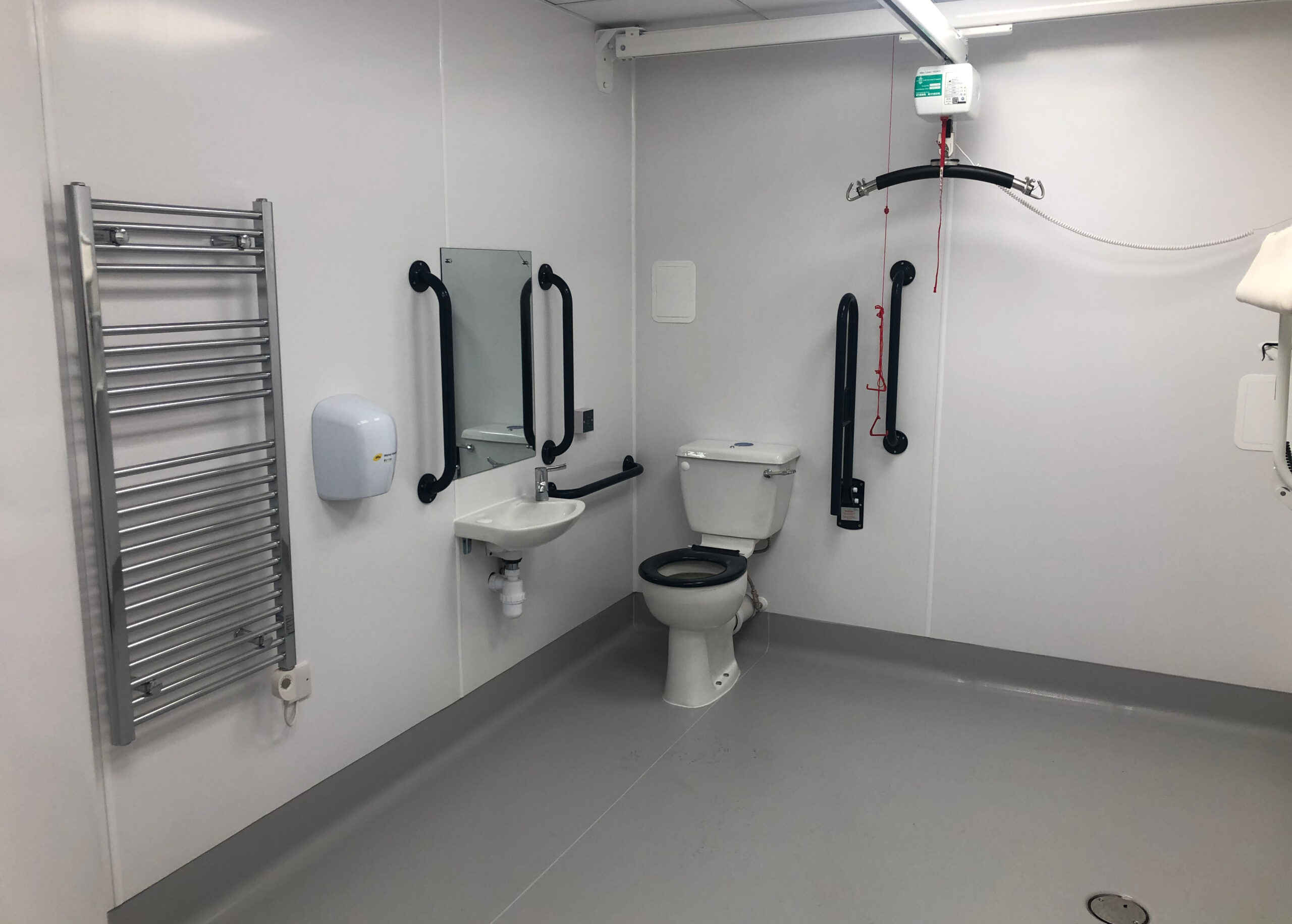 A bathroom with a toilet, sink, mirror and handrails.